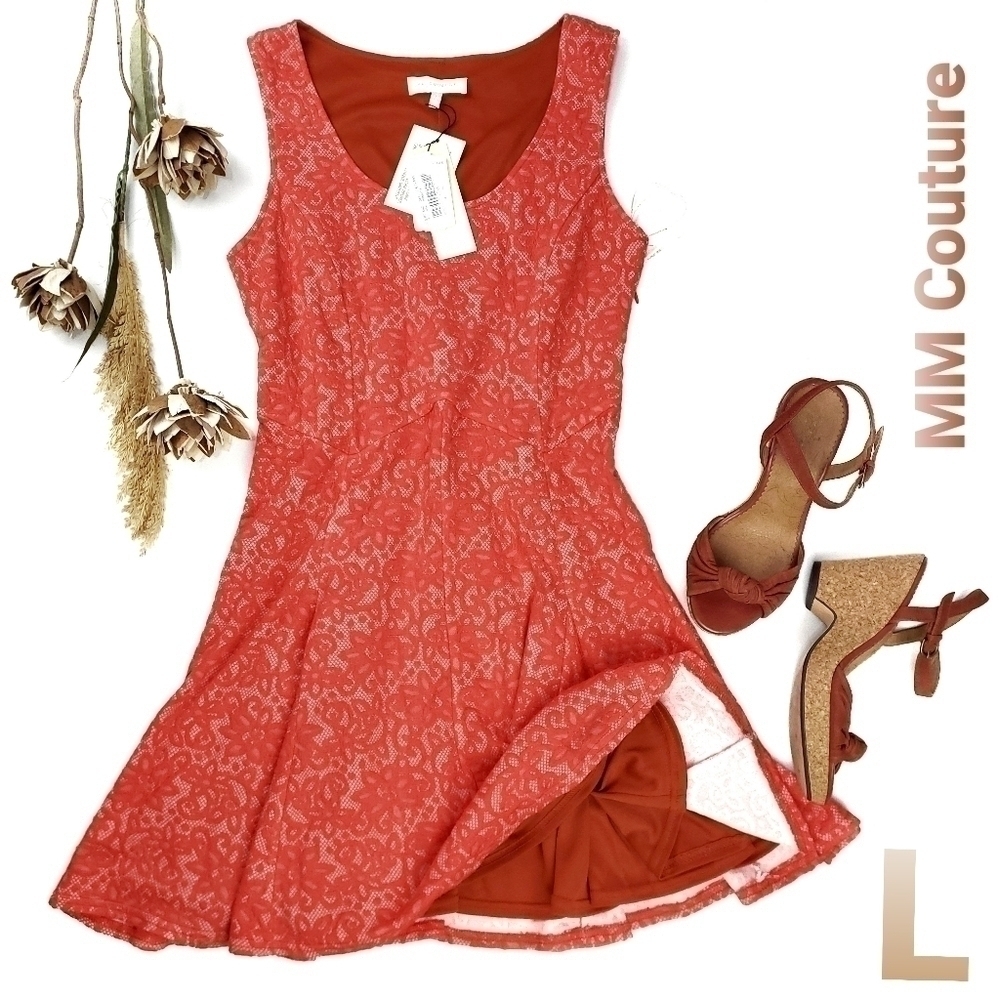 New MM Couture Coral  Lace Embroidered Dress L